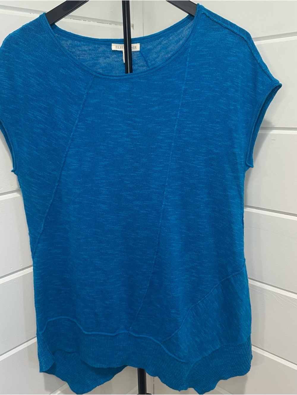 EILEEN FISHER Organic Linen Cotton Slub Knit Tee Top Teal Blue Size XS GUC